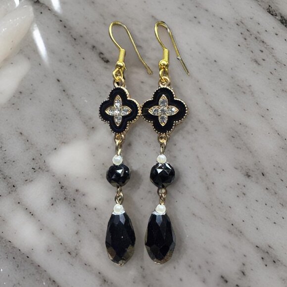 Earrings Dangle Black Obsidian Clover CZ gemstone Jewelry Event Gift New - Picture 4 of 8